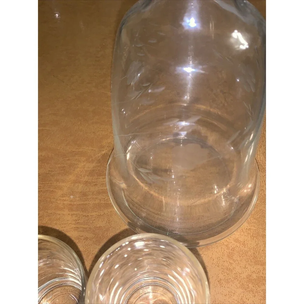 Vintage Anchor Hocking Etched Glass Decanter Set 4 glasses 3” Tall